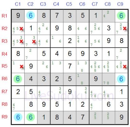 Tres filas resaltadas en una cuadrilla de sudoku con marcas de lápiz en live sudoku