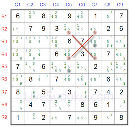 לוח סודוקו מלא בסימוני עיפרון עם 4 תאים מודגשים אשר יוצרים צורת איקס